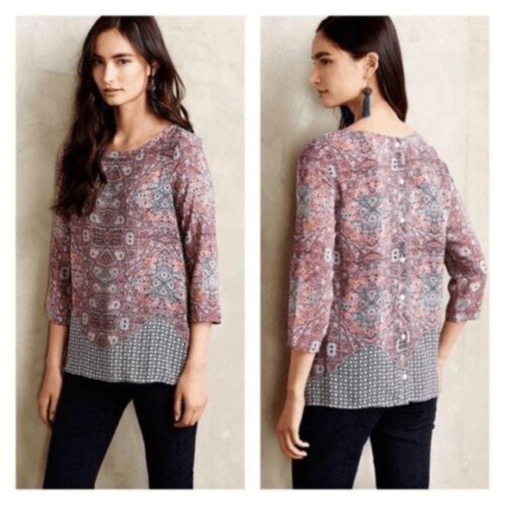 Anthropologie Maeve Purple Silk Back Button Tunic Blouse Top Women's Size 4